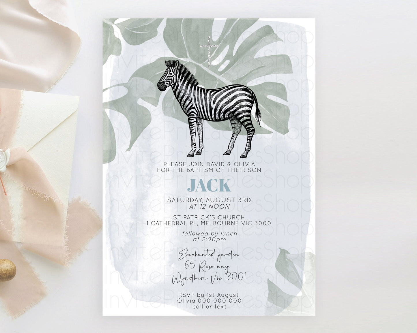 Zebra Baptism Invitation Zebra Baptism 1st Birthday Invitation Jungle Safari Christening Invite Watercolor Tropical Zoo Adventure D10814