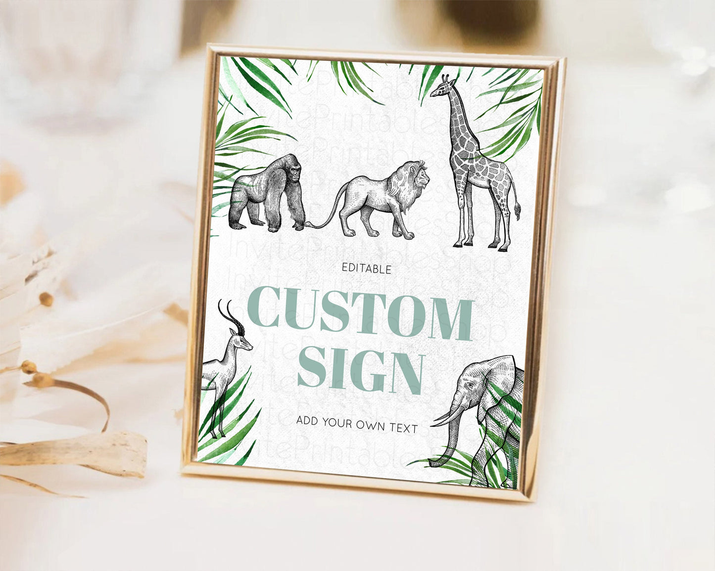 Editable Safari Adventure Table Sign Decor Lion Gorilla Elephant Rhino Anima
