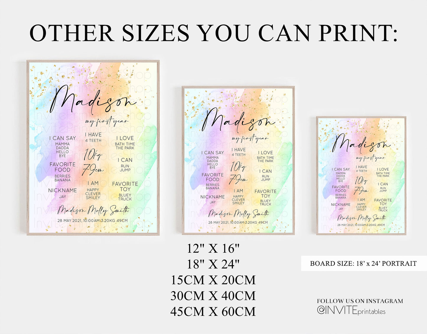 Pastel First Birthday Milestone Board Pastel Rainbow Milestone Poster Watercolor Glitter One Year Poster Colorful Splash Baby 1st Year