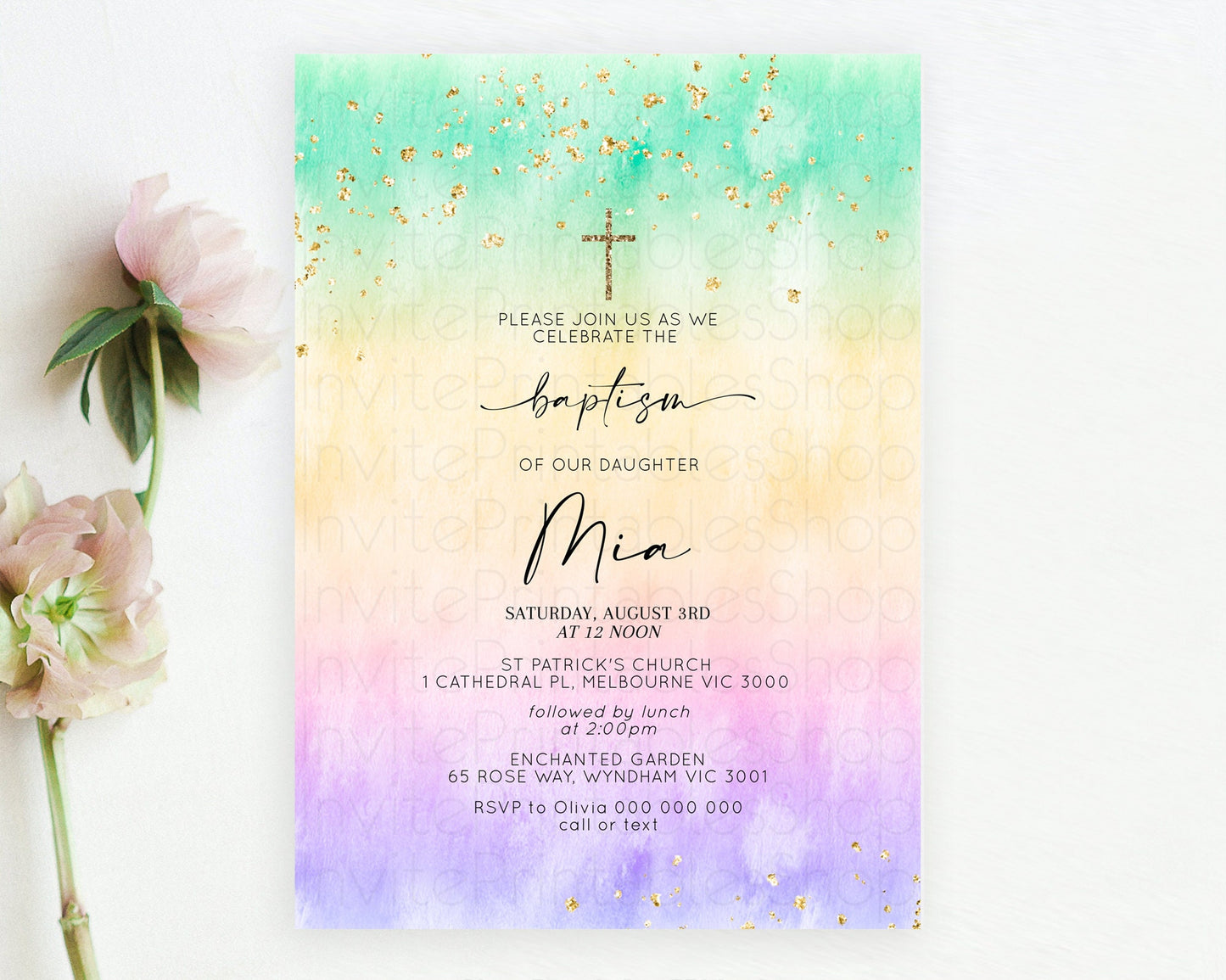 Pastel Baptism Invitation Pastel Colors Watercolor Baptism 1st Birthday Party Gold Ombre Pastel Rainbow Christening Holy Communion D10481