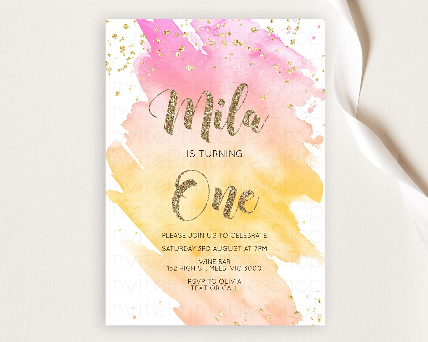 Rainbow Birthday Invitation Colorful Pastel Watercolor Invitation Gold Glitter Sprinkles Ombre Pastel 1st 2nd 3rd Birthday D10526