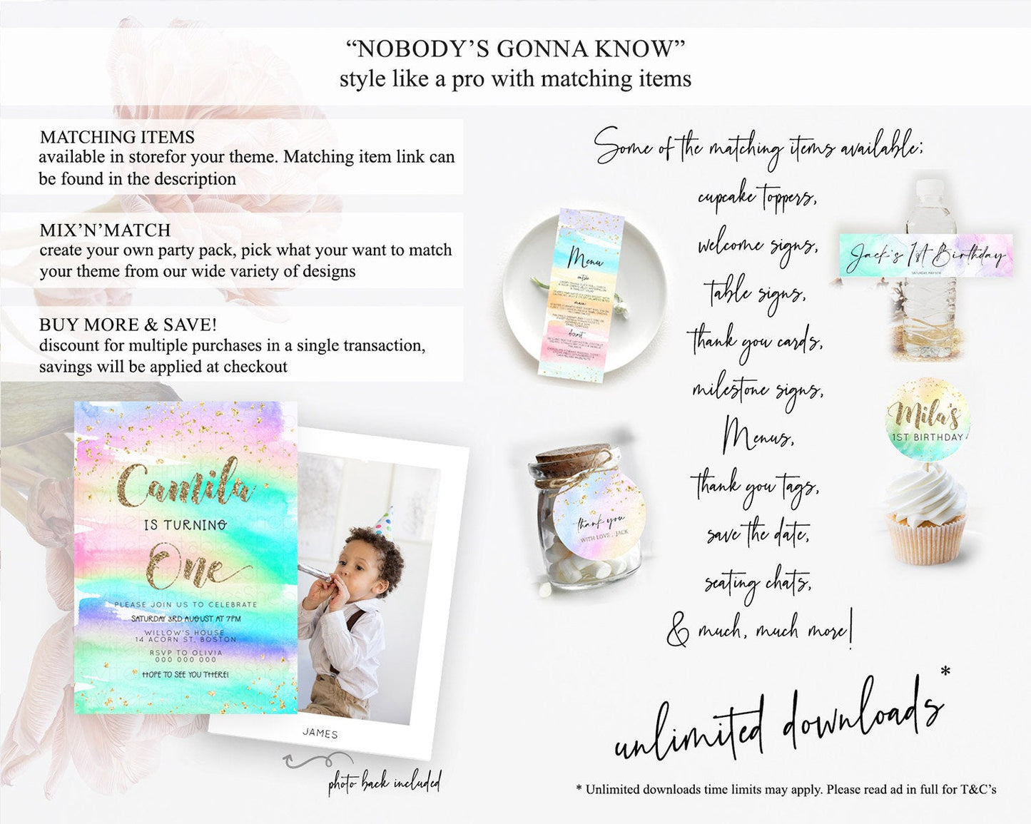 Rainbow Birthday Invitation Colorful Pastel Watercolor Invitation Gold Glitter Sprinkles Ombre Pastel 1st 2nd 3rd Birthday D23261