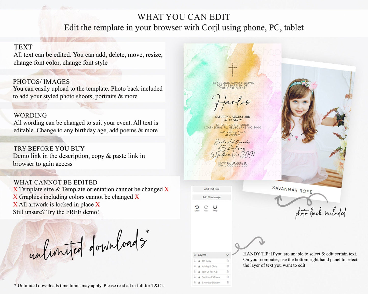 Pastel Baptism Invitation Pastel Colors Watercolor Baptism 1st Birthday Party Gold Ombre Pastel Rainbow Christening Holy Communion D10962