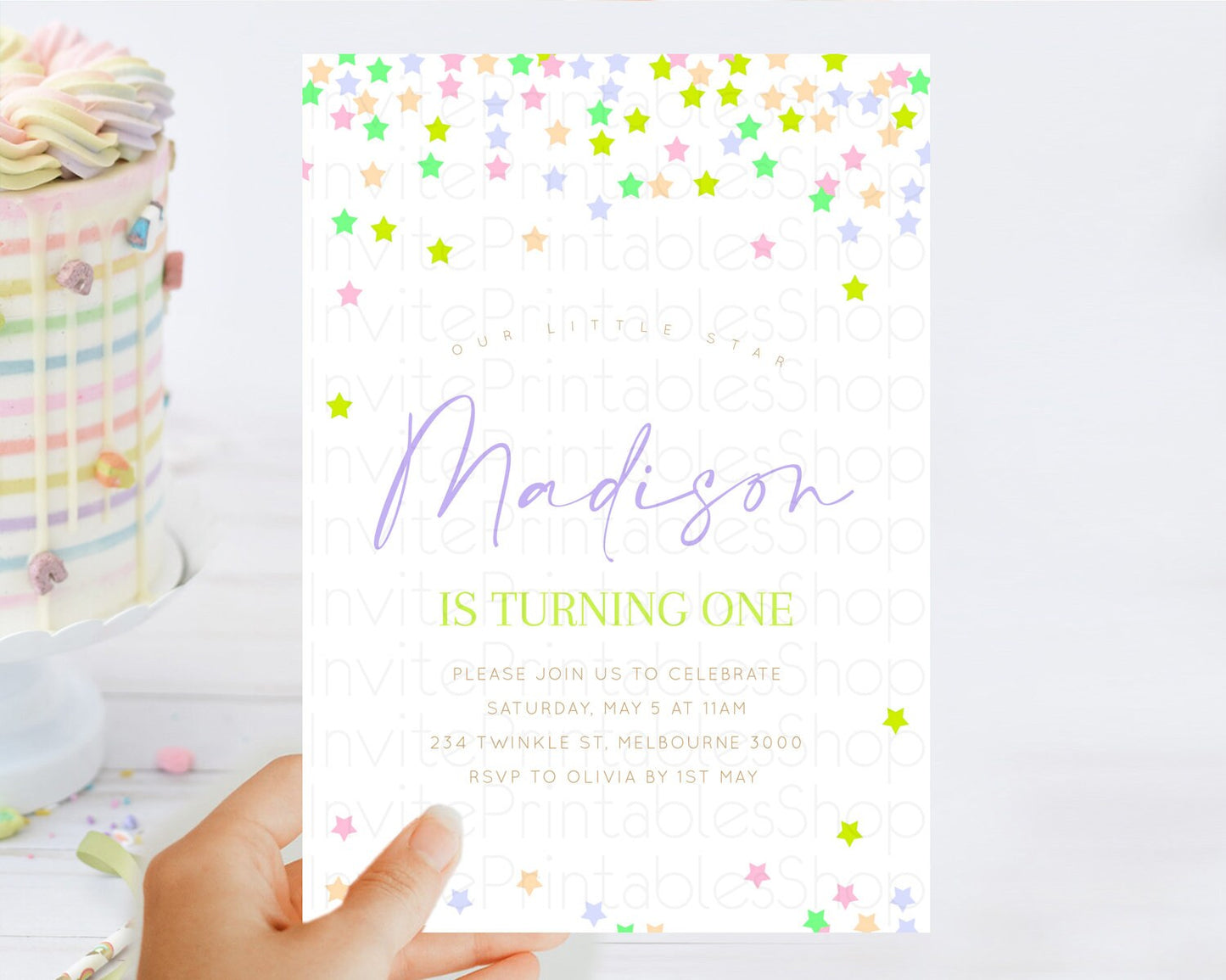 Star Birthday Invitation Pastel Stars Invite Shooting Star Party Rainbow Colorful Confetti Twinkle Little Star 2nd First Birthday D10396