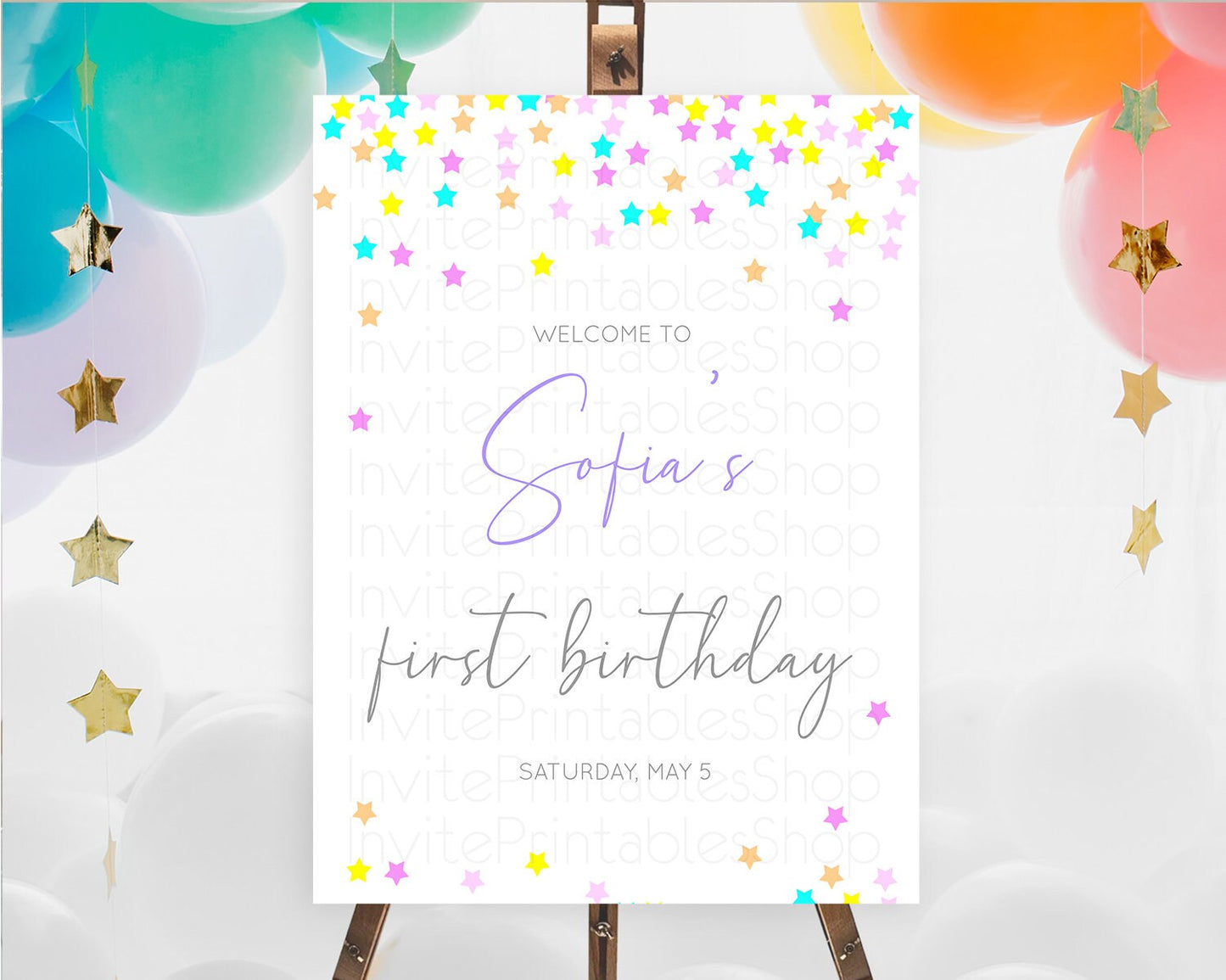 Star Welcome Board Pastel Stars Welcome Sign Shooting Star Rainbow Colorful Confetti Twinkle Little Star First Birthday Welcome Sign D10397