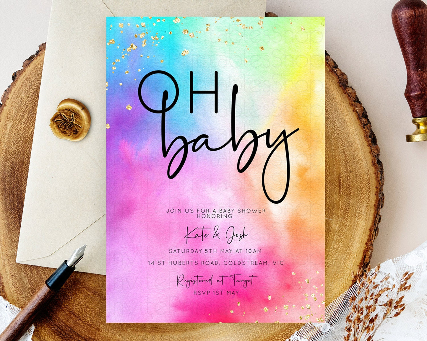 Pastel Baby Shower Invitation Rainbow Baby Shower Invitation Colorful Pastel Watercolor Invitation Gold Glitter Sprinkles Ombre D10456