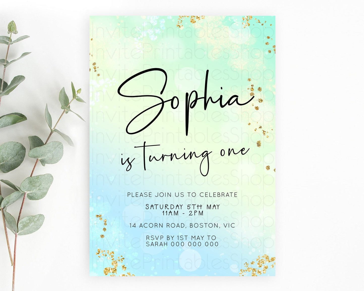 Green Birthday Invitation green Watercolor Invitation Pastel green Watercolor Invitation green Splash Gold Invitation First Birthday D23096