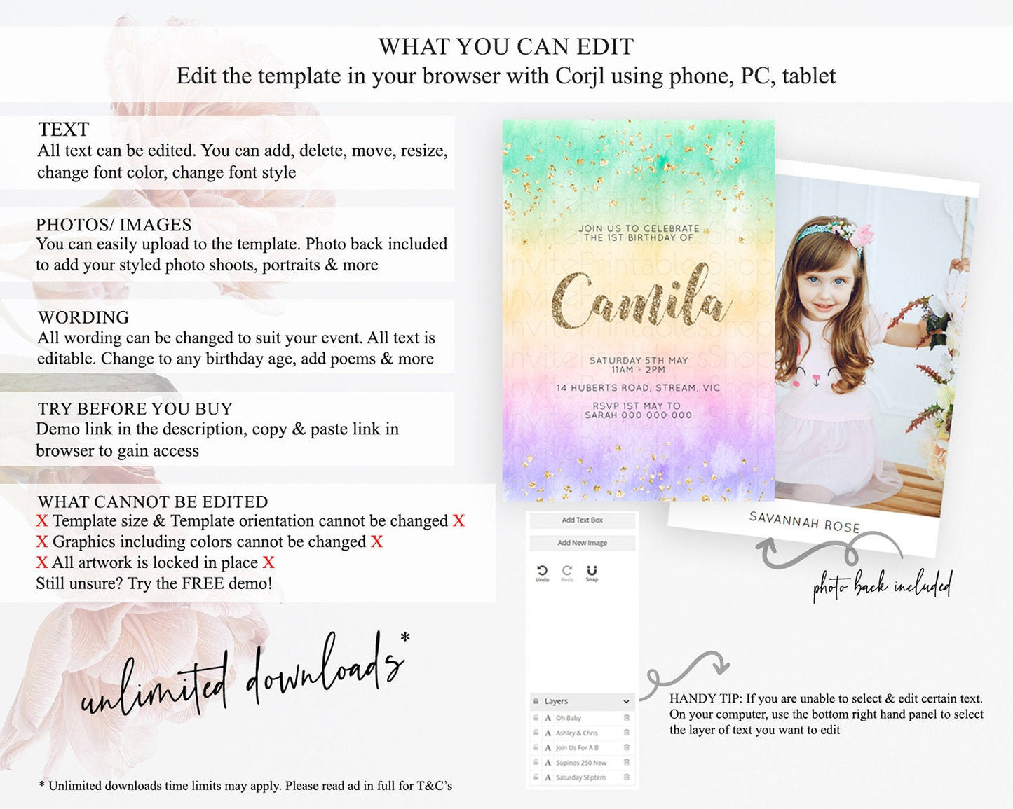 Rainbow Birthday Invitation Colorful Pastel Watercolor Invitation Gold Glitter Sprinkles Ombre Pastel 1st 2nd 3rd Birthday D10478