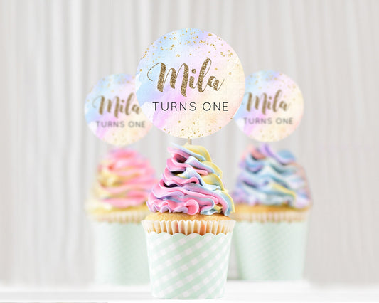 Editable Rainbow Cupcake Toppers Pastel Cupcake Toppers Colorful Pastel Wate