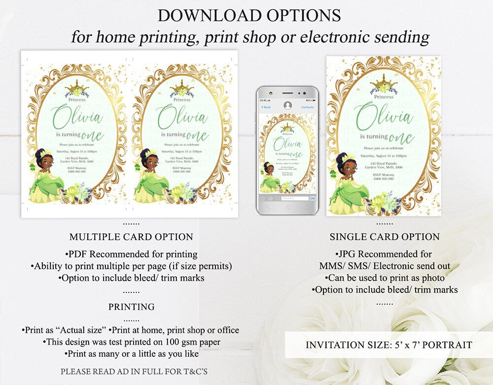 Princess Tiana Birthday Invitation Rose Crown Enchanted Castle Invitation Fairy Tale Mirror Mirror Gold Glitter Royal Celebration