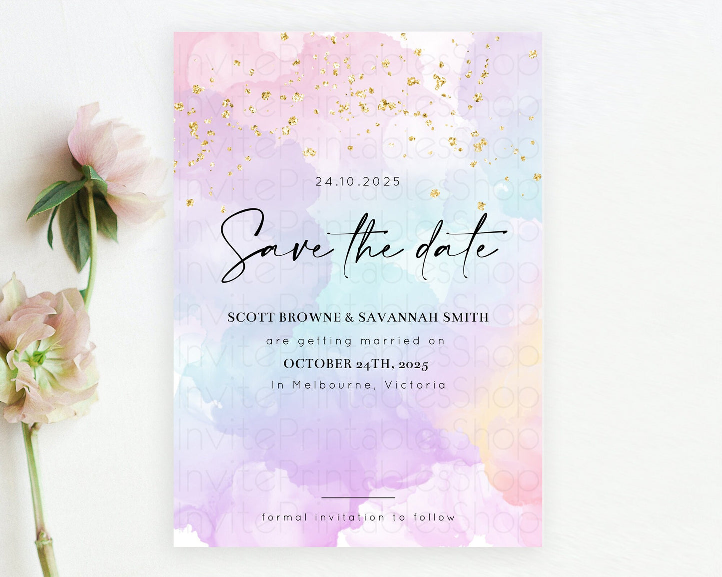 Pastel Save The Date Template Pastel Ombre Rainbow Watercolor Colorful Party For Birthday Baptism Baby Shower Wedding Bridal Shower D10623