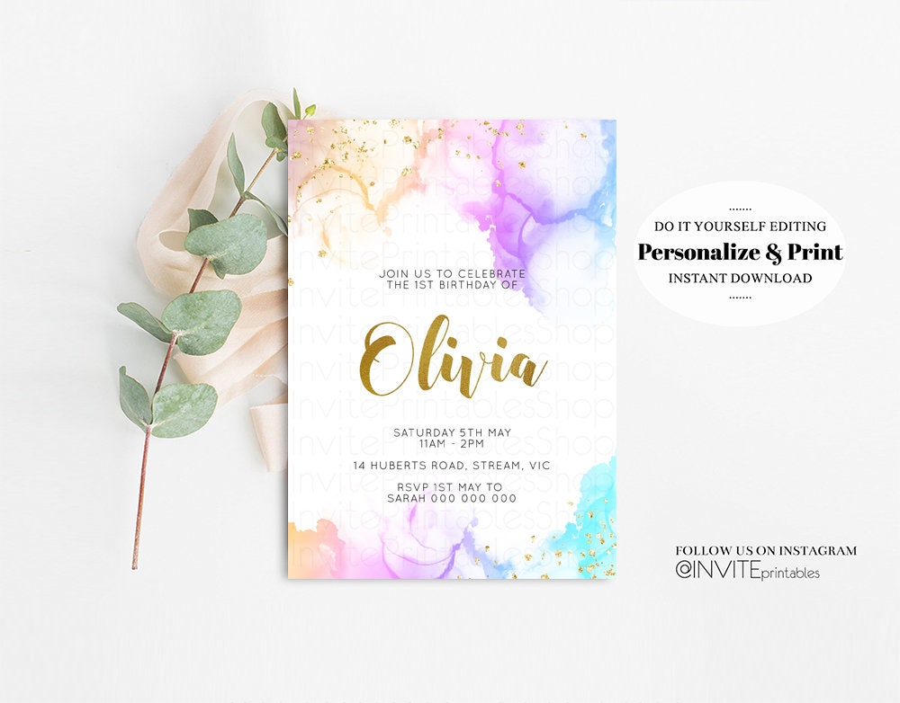 Pastel Rainbow Birthday Invitation Colorful Watercolor Splash Ombre Ink Paint Purple Pink Blue Confetti Gold Glitter Sprinkles Printable