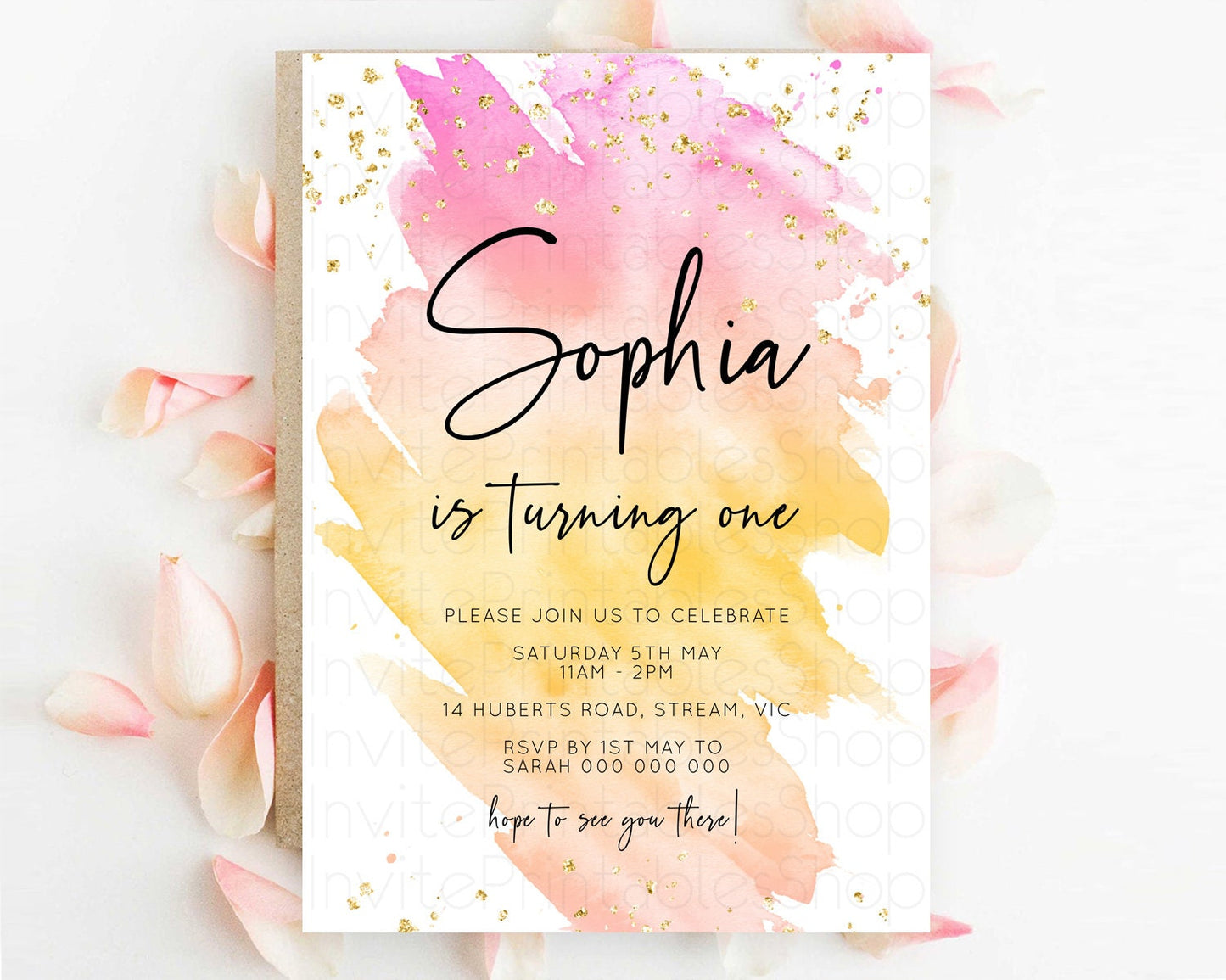 Rainbow Birthday Invitation Colorful Pastel Watercolor Invitation Gold Glitter Sprinkles Ombre Pastel 1st 2nd 3rd Birthday D10527