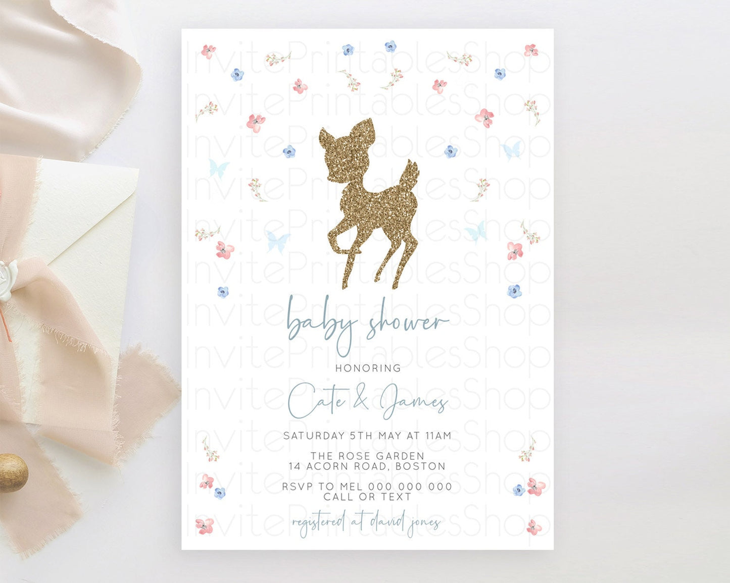 Fawn Baby Shower Invitation: Enchanted Forest Theme with Butterflies and Pastel Blue Pink Flowers - Whimsical Woodland Gender Reveal D10359