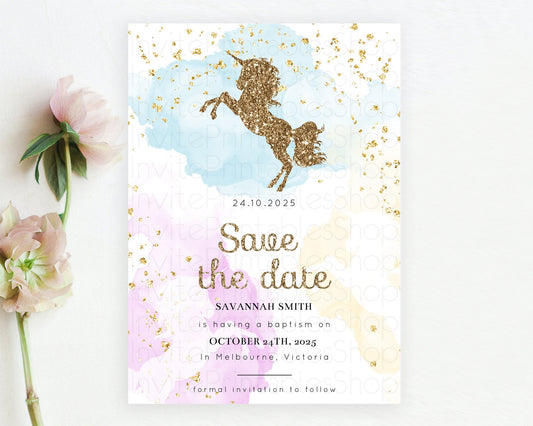 Unicorn Rainbow Save The Date Template Pastel Unicorn Party Magical Pastel Ombre Watercolor Unicorn 1st Birthday Baptism Baby Shower D10114