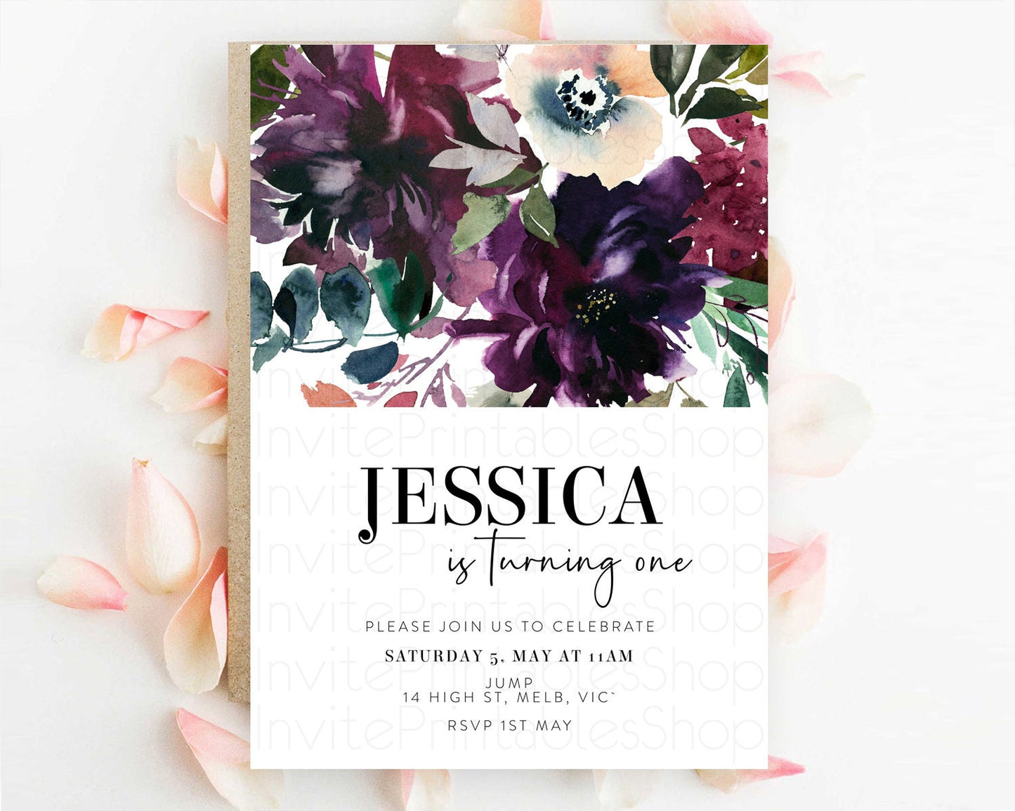 Secret Garden Wildflower Birthday Invitation, Pastel Burgundy Flowers, Boho Floral, 1st, 2nd, 3rd Birthday,  D11062