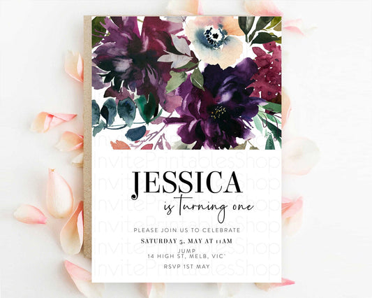 Secret Garden Wildflower Birthday Invitation, Pastel Burgundy Flowers, Boho Floral, 1st, 2nd, 3rd Birthday,  D11062