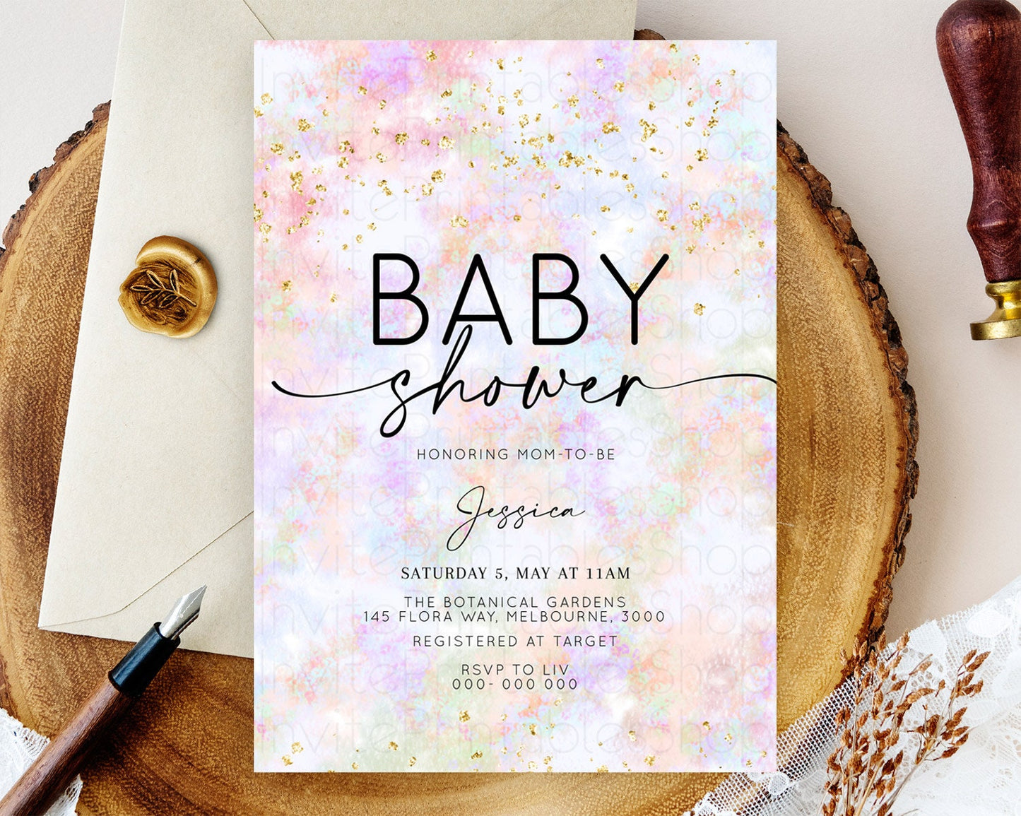 Pastel Baby Shower Invitation Rainbow Baby Shower Invitation Colorful Pastel Watercolor Invitation Gold Glitter Sprinkles Ombre D10649