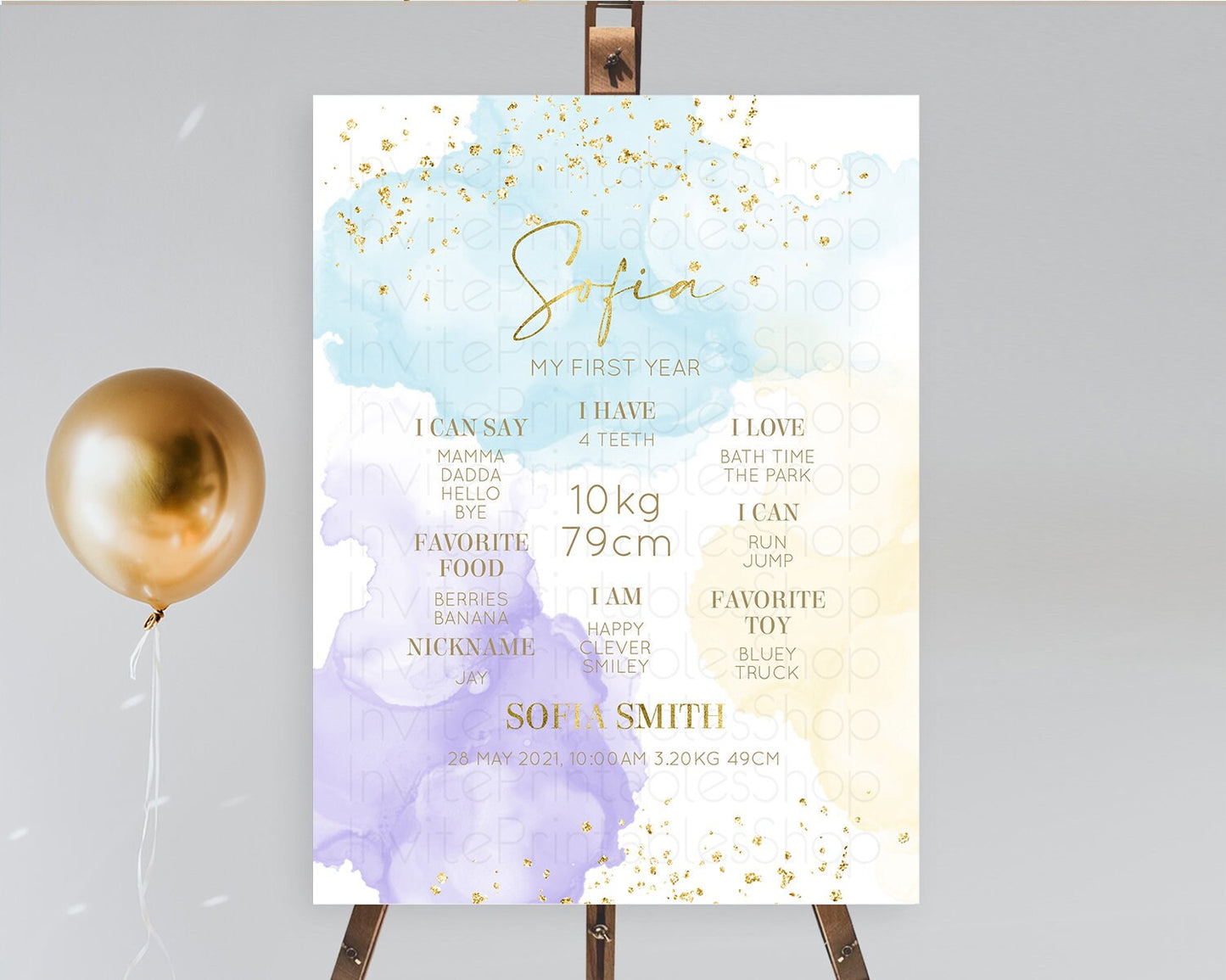 Pastel First Birthday Milestone Board Pastel Rainbow Milestone Poster Colorful Confetti Watercolor Glitter 1st Birthday Welcome Sign D10206