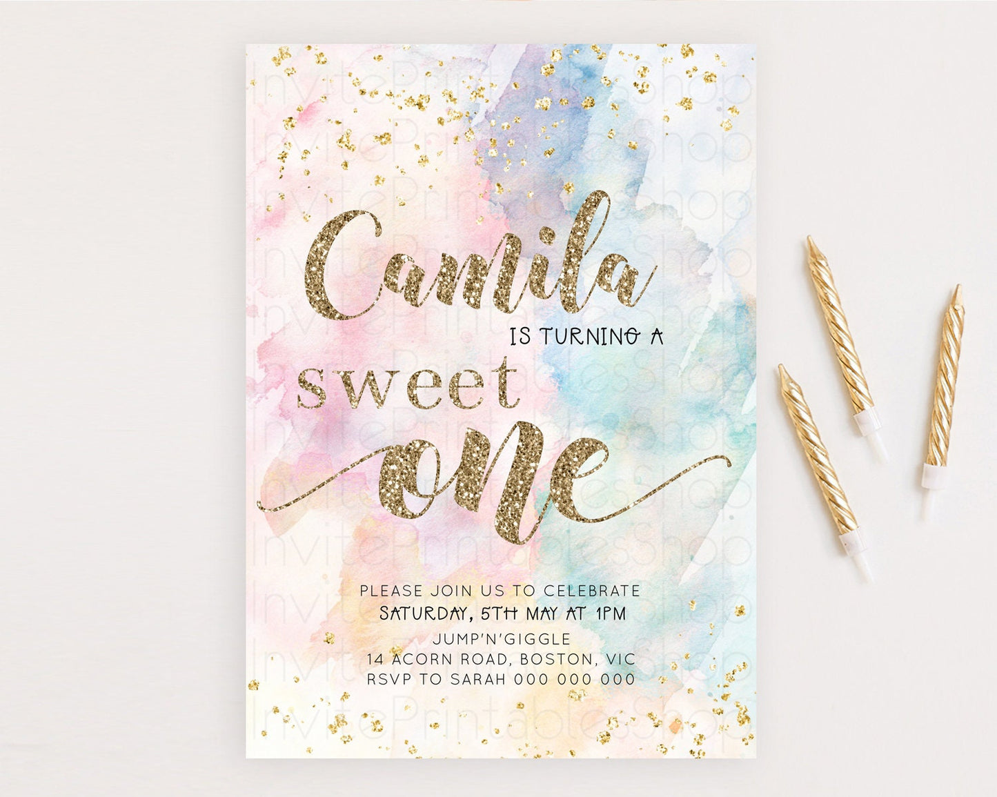 Rainbow Birthday Invitation Glitter Pastel Invitation Colorful Watercolor Gold Foil Splatter Sprinkle Ombre Sweet One Invitation D10264