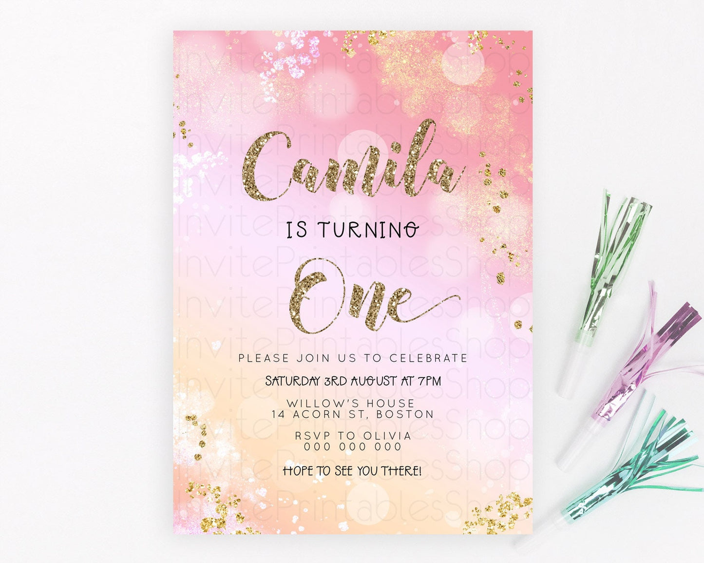 Rainbow Birthday Invitation Colorful Pastel Watercolor Invitation Gold Glitter Sprinkles Ombre Pastel 1st 2nd 3rd Birthday D23113