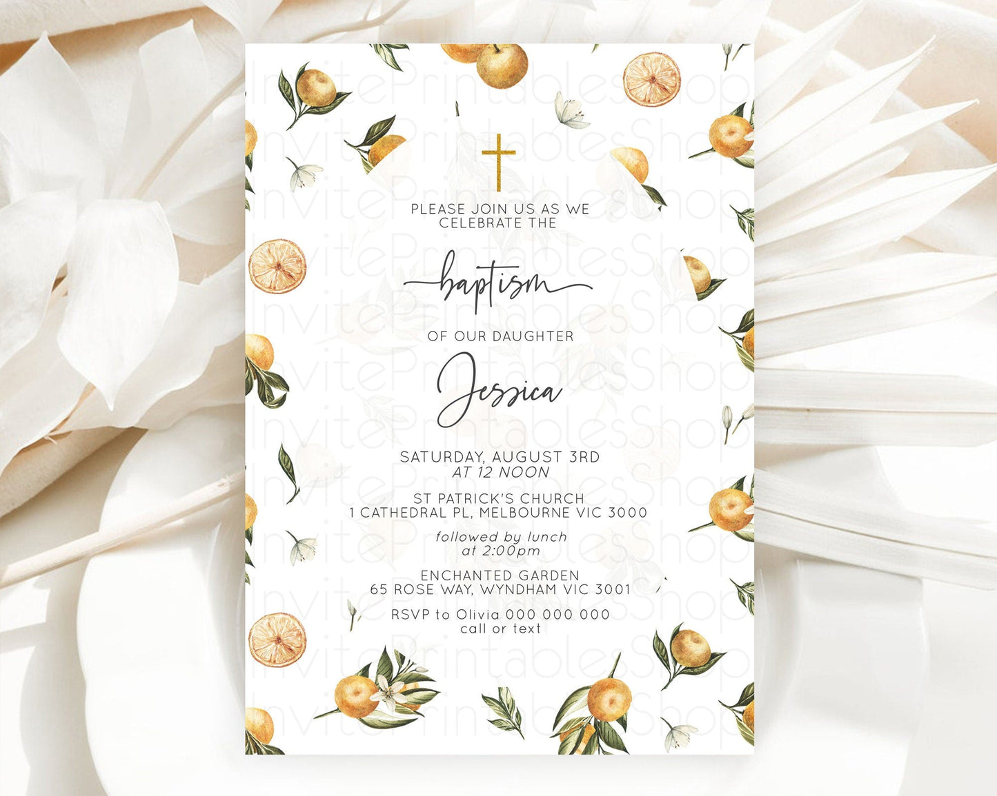 Citrus Baptism Invitation Lemon Orange Baptism 1st Birthday Invitation Citrus Garden Christening Invitation Citrus Floral Religious D10545