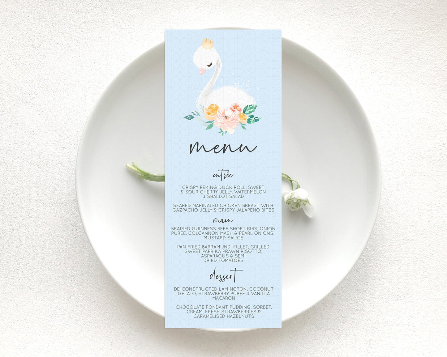 Swan Menu Swan Princess Ballet Menu Template Enchanted Swan Lake Table Decor Secret Garden Pastel Floral Dinner Dessert Food Menu D10903