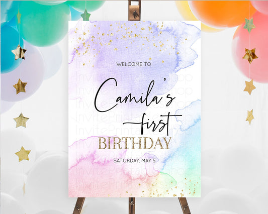 Pastel Welcome Sign Pastel Rainbow Welcome Sign Colorful Rainbow Confetti Watercolor Glitter Pastel First Birthday Welcome Sign D10215