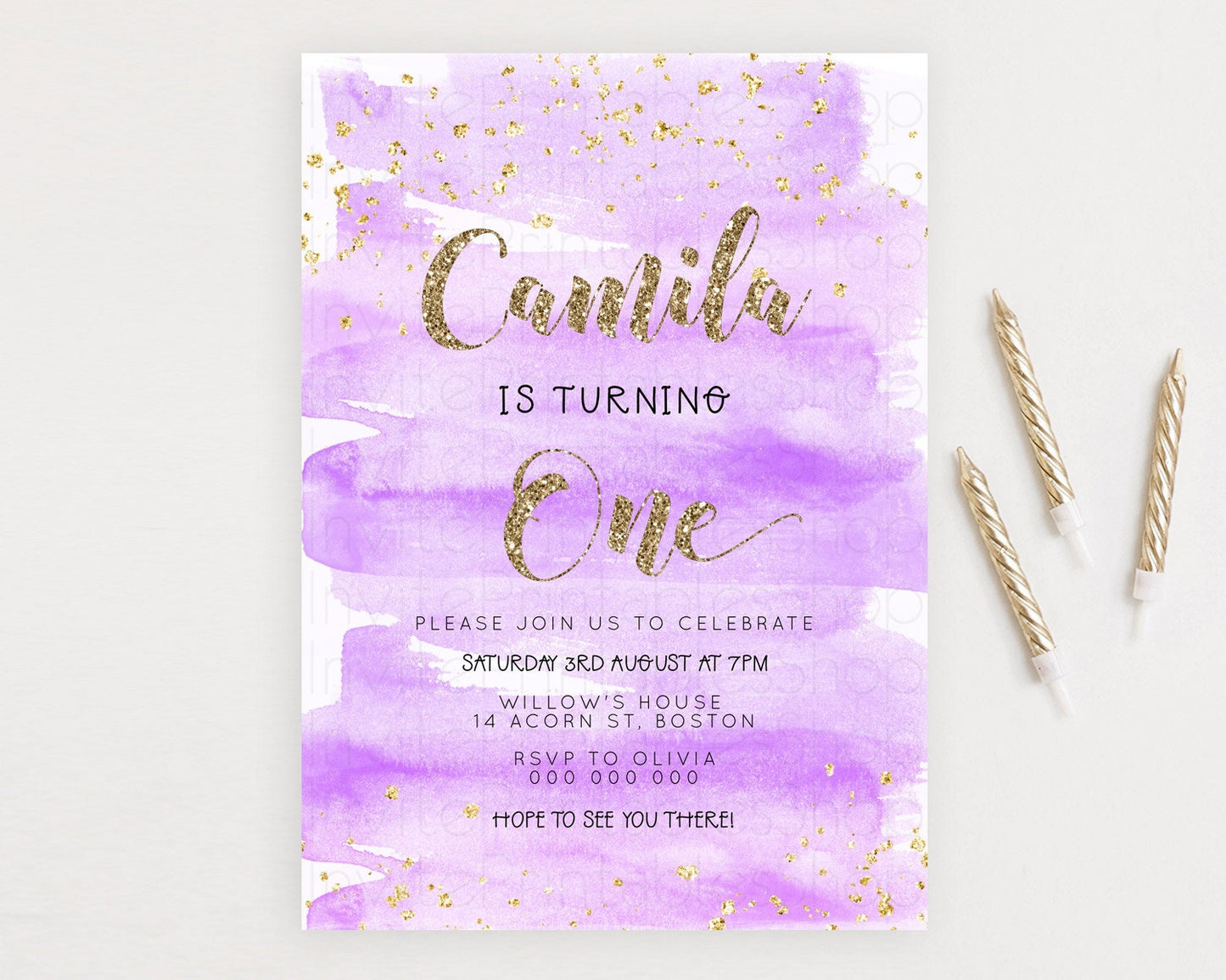Purple Birthday Invitation Purple Watercolor Invite Pastel Purple Watercolor Invitation Purple Splash Gold Invitation First Birthday D23280