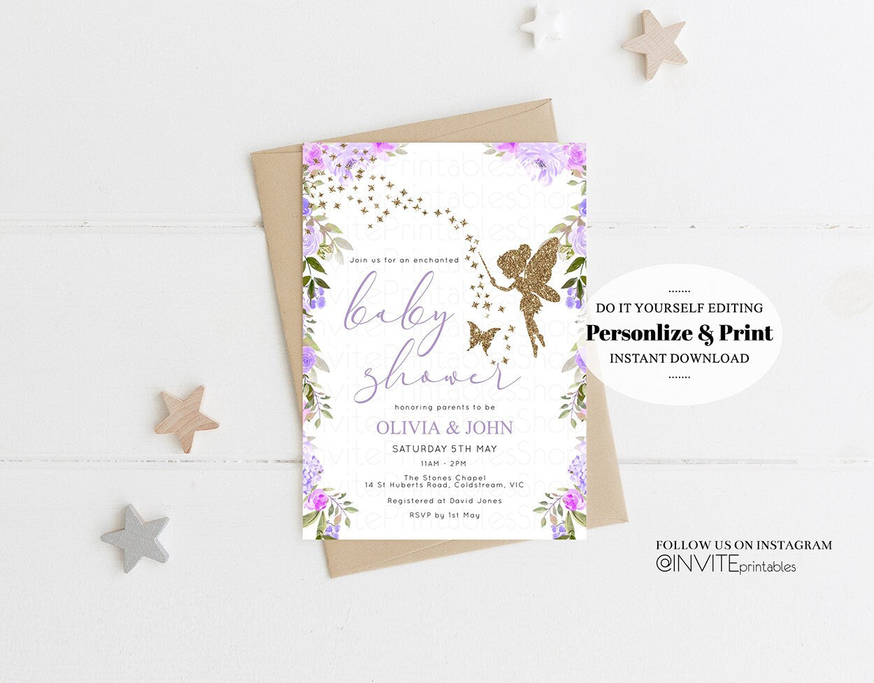 Fairy Baby Shower Invitation Fairy Gold Glitter Purple Floral Enchanted Secret Garden Princess Pixie Dust Magic Flutter Flower Girl Boy
