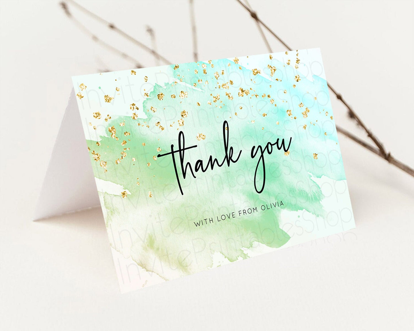 Green Thank You Green Watercolor Thank You Card Pastel Green Card Template Watercolor Splash Cards Teacher Thank You Card Template D10170