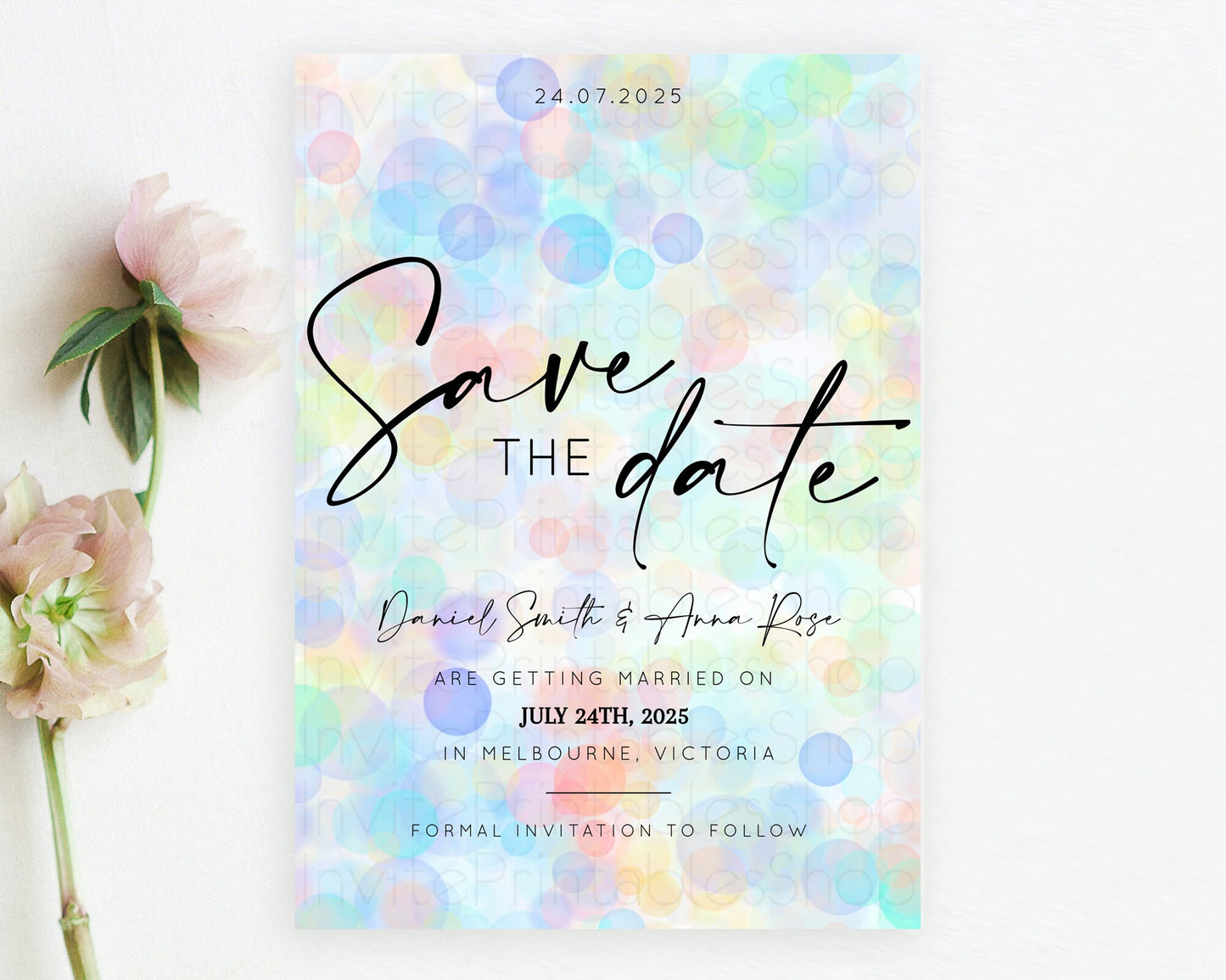 Pastel Bubbles Save The Date Template Bubble Bath Party Rainbow Colorful Confetti Sprinkles 1st Birthday Baby Shower Baptism Wedding D10446