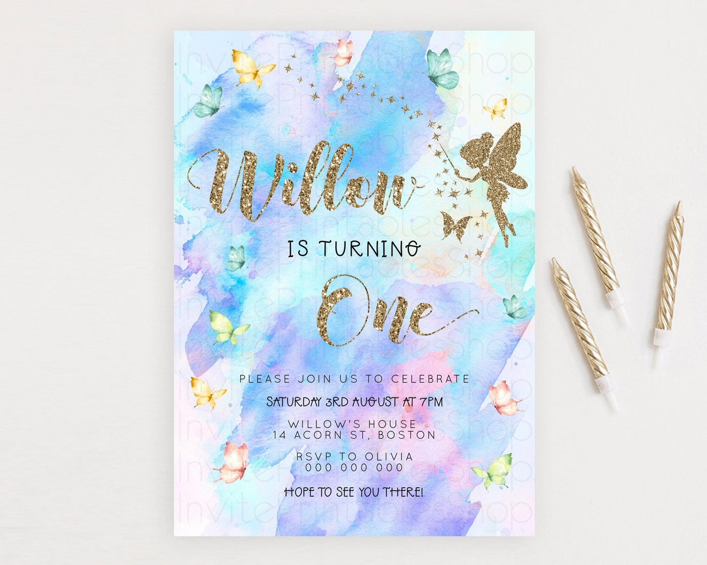 Pastel Fairy Birthday Invitation Pastel Butterflies Fairy Birthday Invitation Rainbow Ombre Watercolor 1st 2nd Birthday Invitation D23339