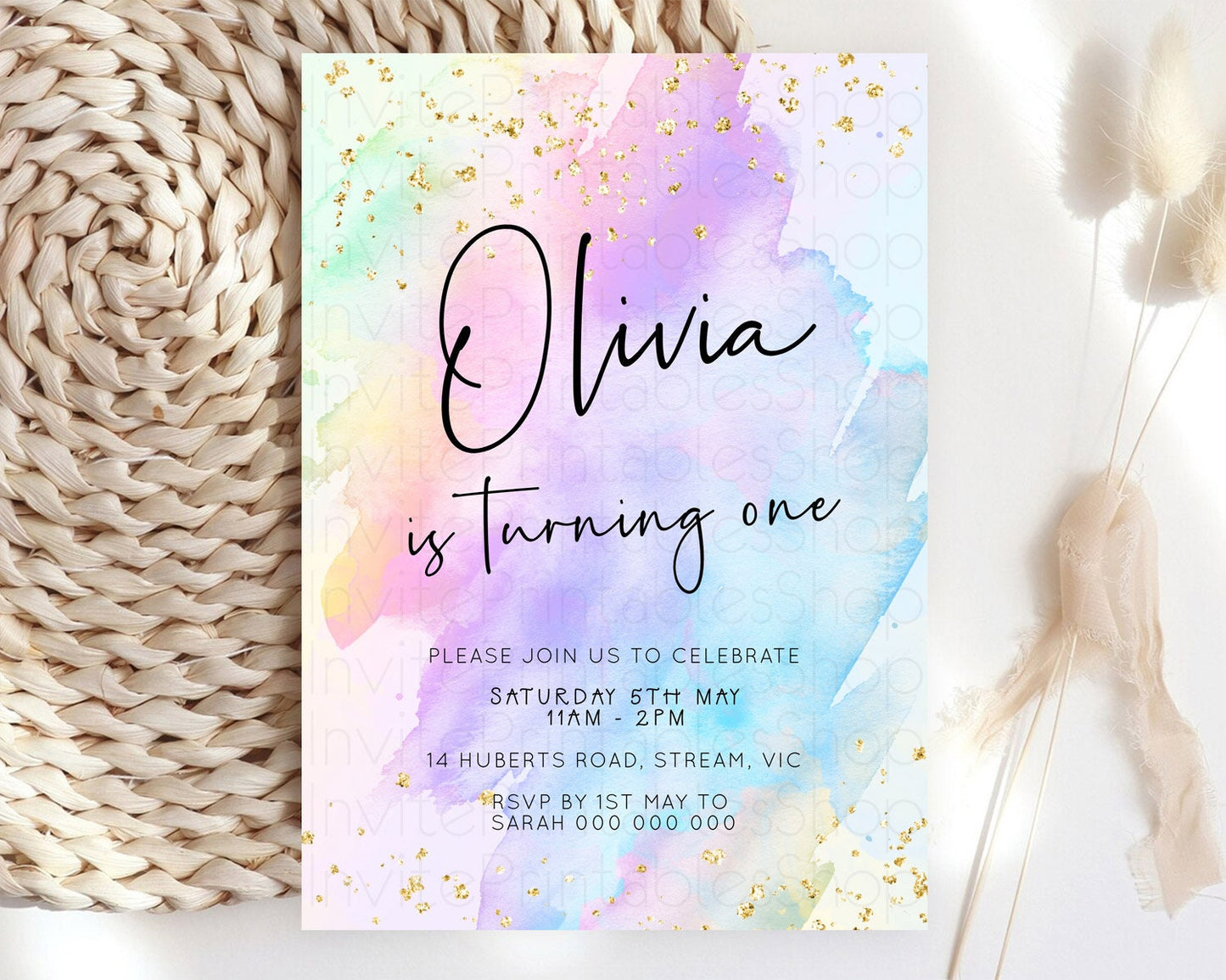 Pastel Birthday Invitation Ombre Watercolor Birthday Invitation Glitter Rainbow Color Splash 1st 2nd 3rd Birthday Invitation D23064