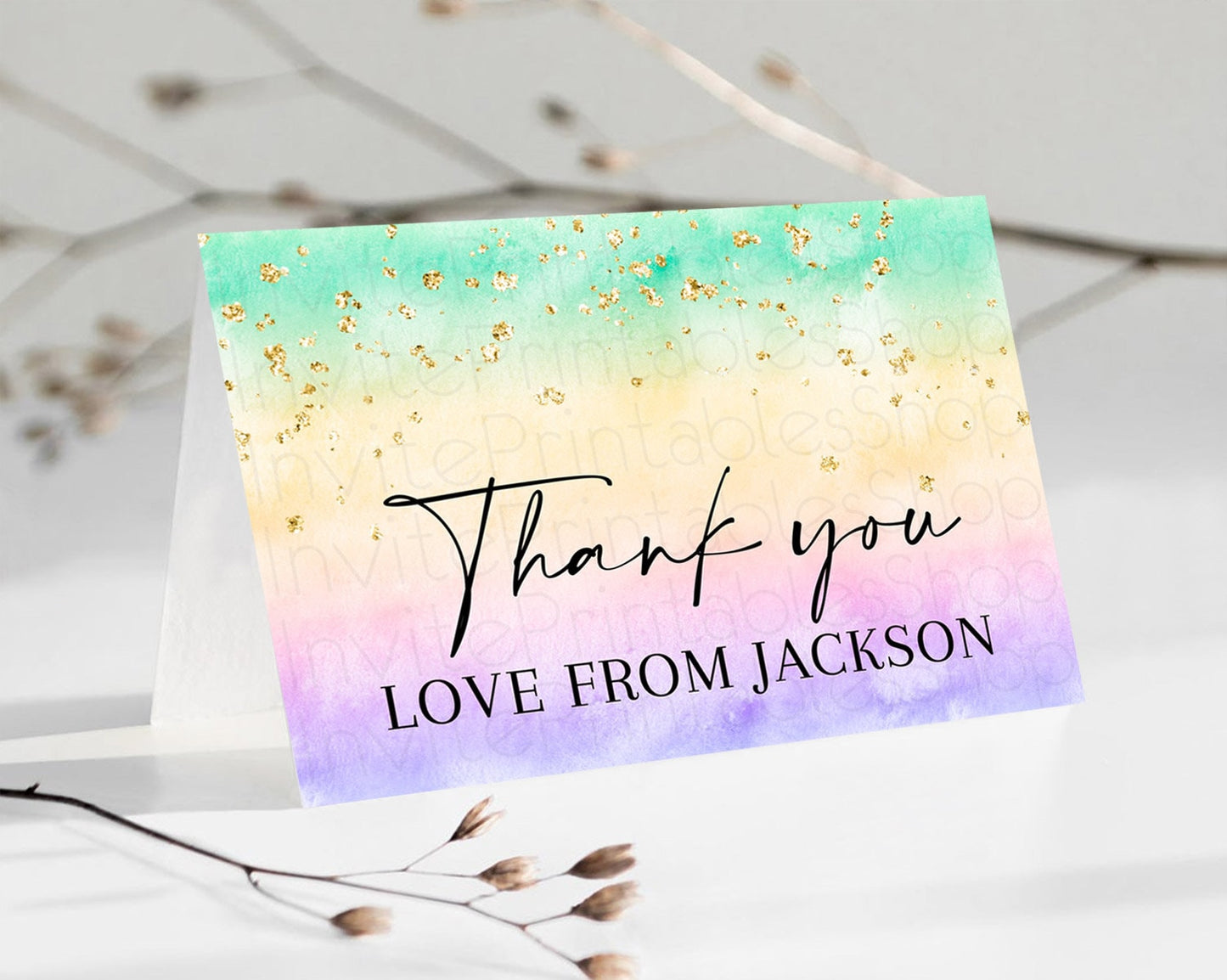 Pastel Thank You Rainbow Thank You Card Colorful Pastel Birthday Thank You Card Confetti Watercolor Pastel Teacher Thank You Cards D10481