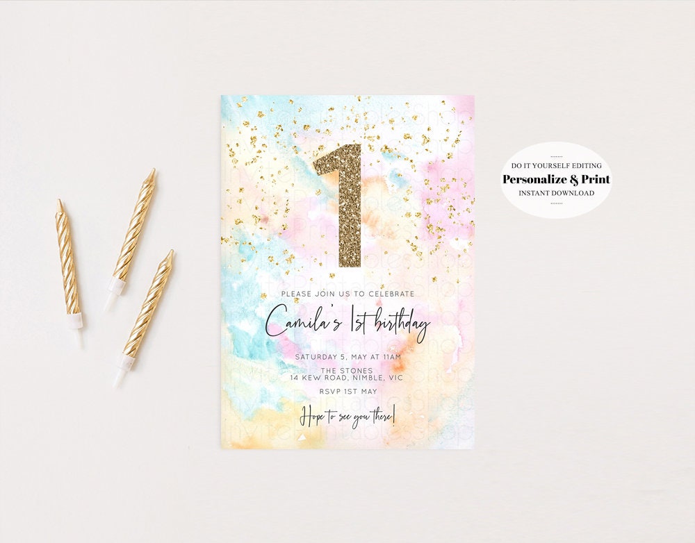 Rainbow Birthday Invitation Pastel Birthday Invitation Colorful Watercolor Invite Ombre Pastel Invitation Gold Glitter Sprinkles Invite G566