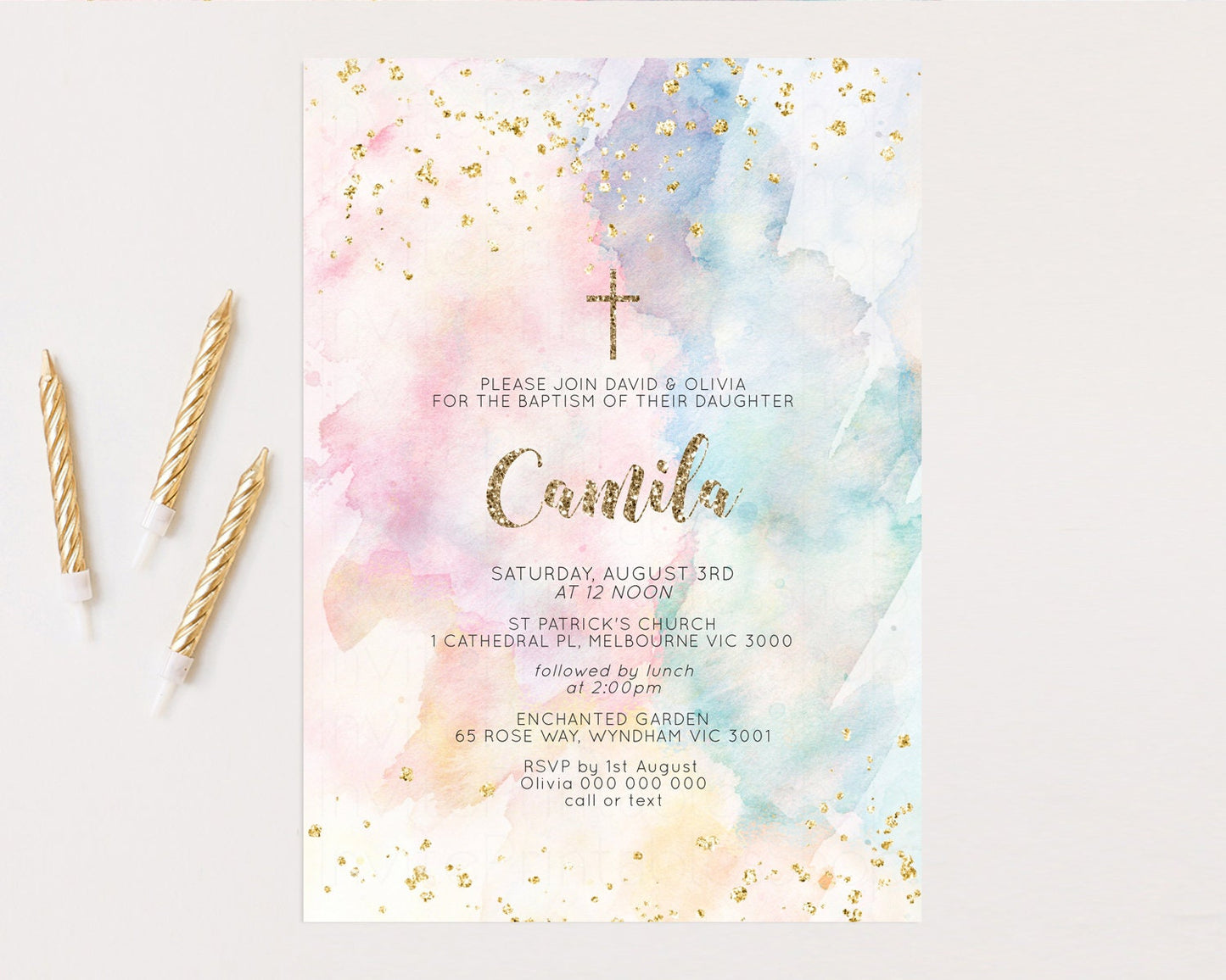 Rainbow Baptism Invitation Pastel Christening Invitation Holy Communion Invitation Glitter Watercolor Splash Invitation Colorful Invite 276