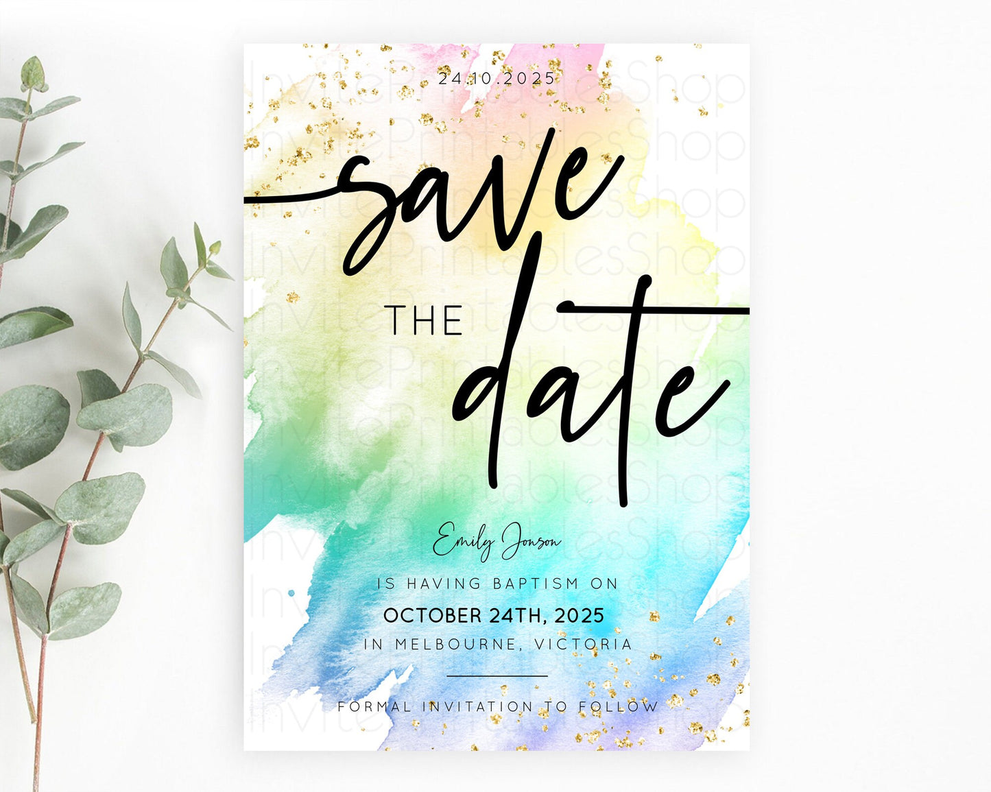 Pastel Save The Date Template Pastel Ombre Rainbow Watercolor Colorful Party For Birthday Baptism Baby Shower Wedding Bridal Shower D10256