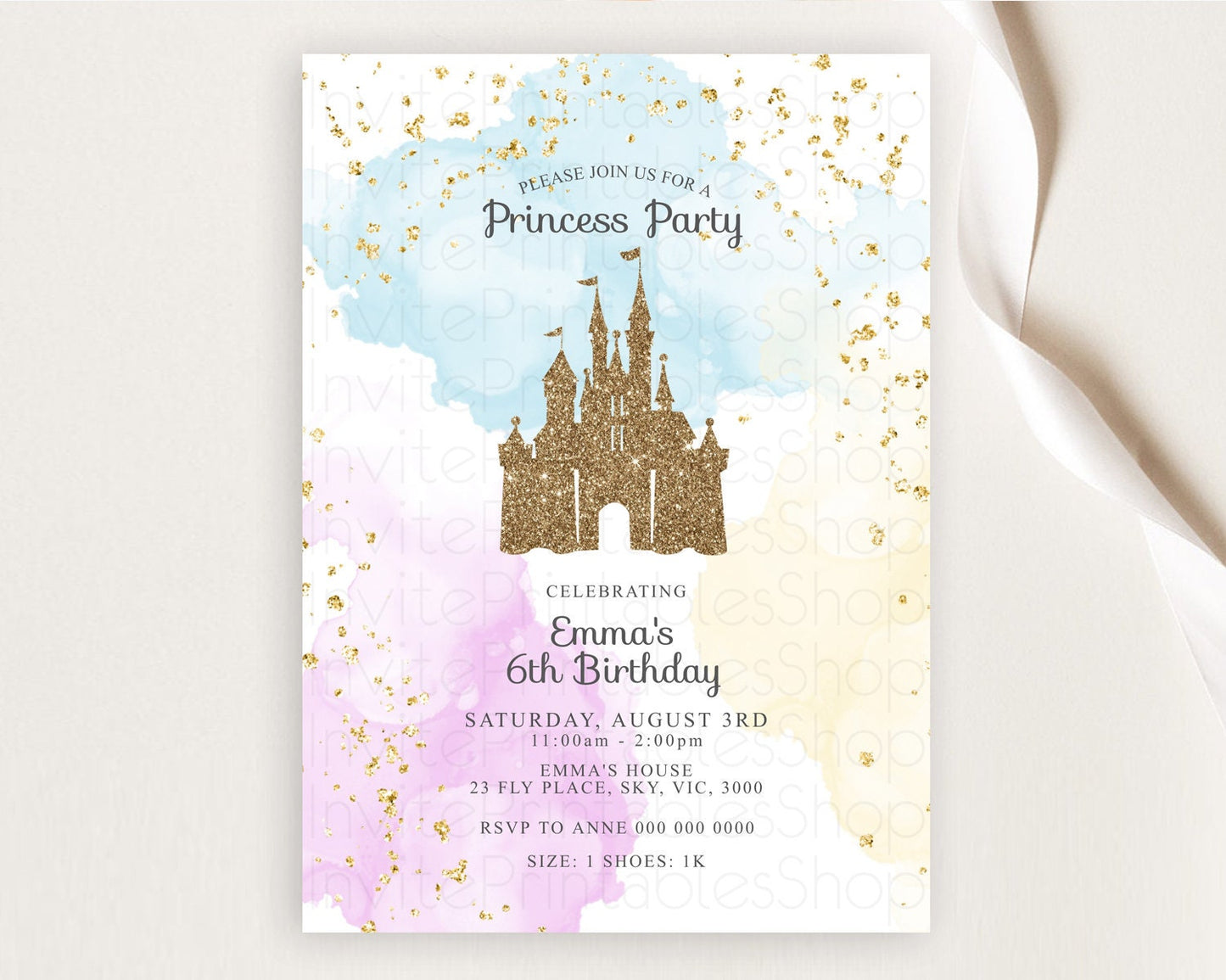 Princess Birthday Invitation Princess Invitation Pastel Invitation Royal Birthday Rainbow Color Enchanted Castle 1st First Birthday D10154