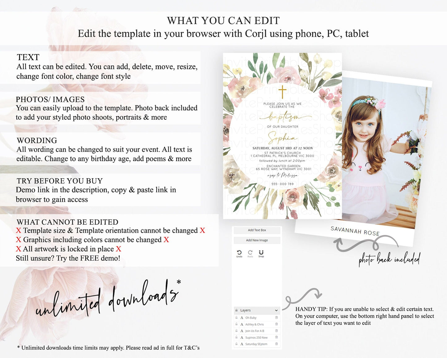 Secret Garden Baptism Invitation Wildflower Baptism Birthday Invite Pastel Flowers Christening Invite Enchanted Garden Boho Floral D10202