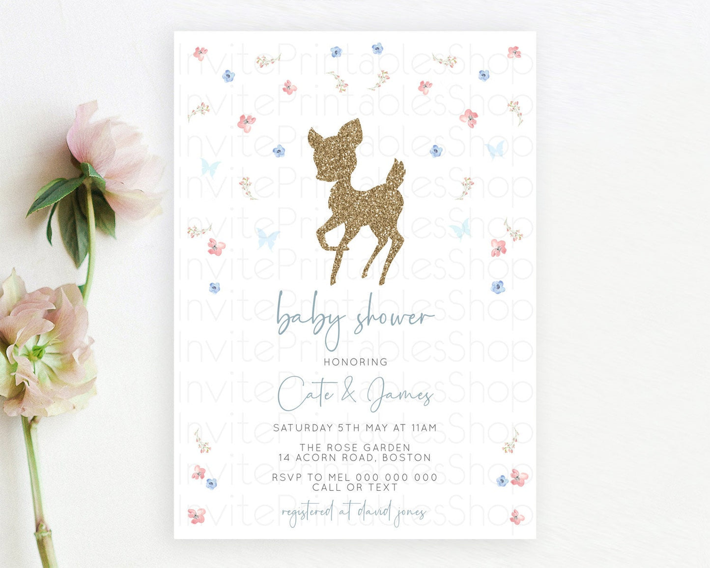 Fawn Baby Shower Invitation: Enchanted Forest Theme with Butterflies and Pastel Blue Pink Flowers - Whimsical Woodland Gender Reveal D10359