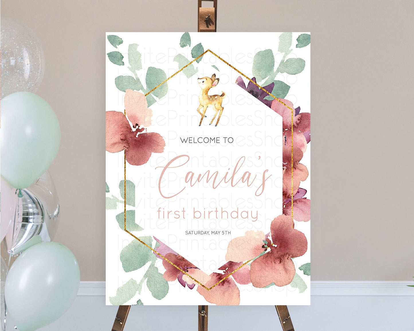 Fawn Welcome Sign Deer Welcome Board Floral Deer Welcome Poster Enchanted Forest Butterfly Pastel Floral First Birthday Welcome Sign D10915