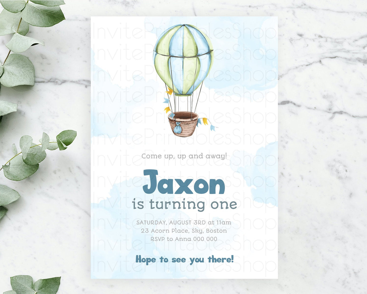 Hot Air Balloon Birthday Invitation Hot Air Balloon Invites Adventure Awaits Up Up & Away Glitter Blue Watercolor 1st Birthday Boy D10661