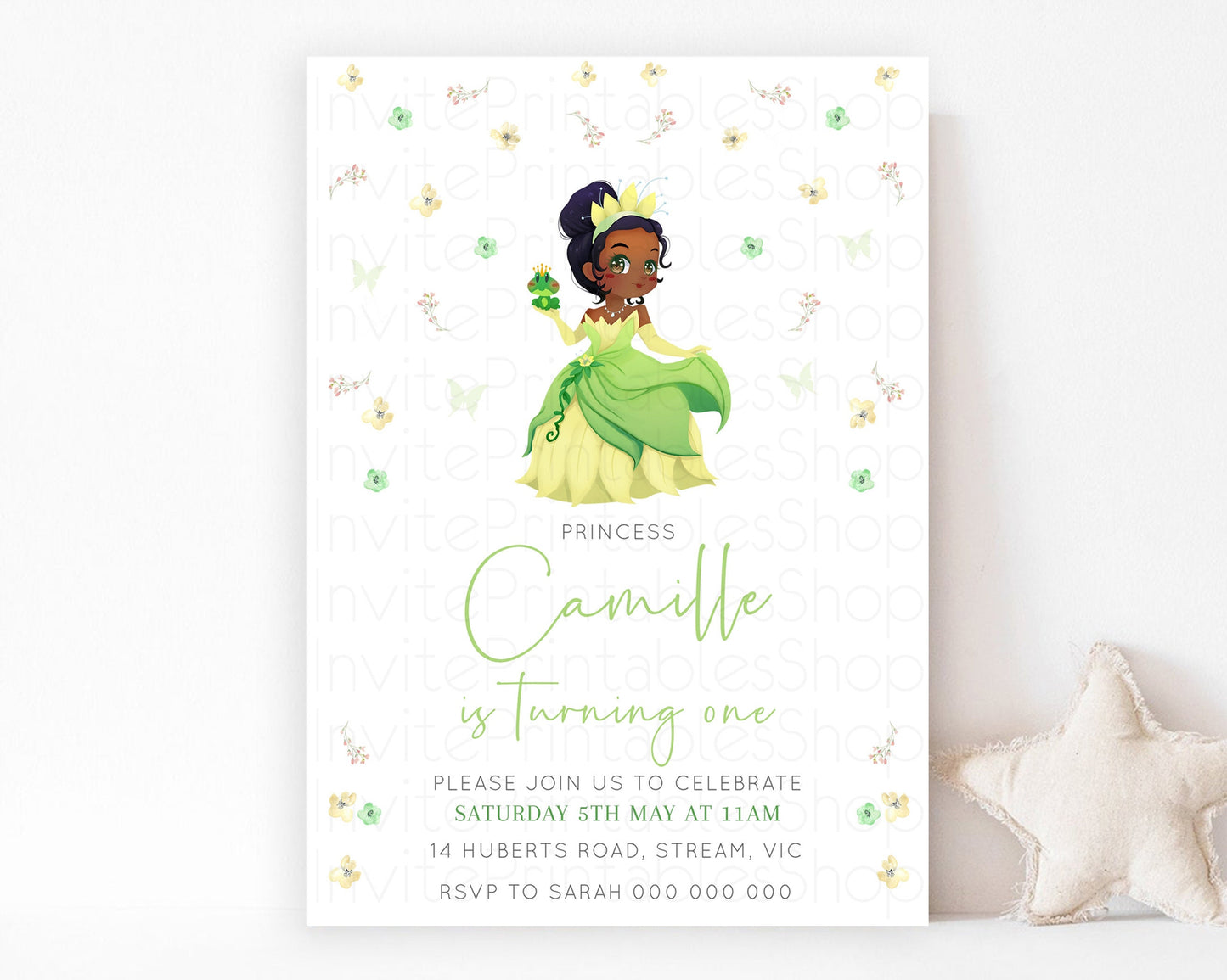 Princess Tiana Birthday Invitation Enchanted Castle Rose Garden Pastel Flowers Confetti Floral Sprinkles Colorful 1st 2nd 3rd Birthday