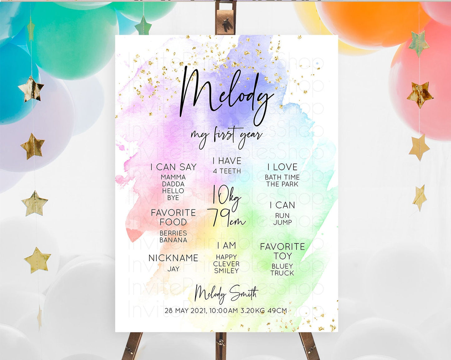 Pastel First Birthday Milestone Board Pastel Rainbow Milestone Poster Colorful Confetti Watercolor Glitter 1st Birthday Welcome Sign D10316