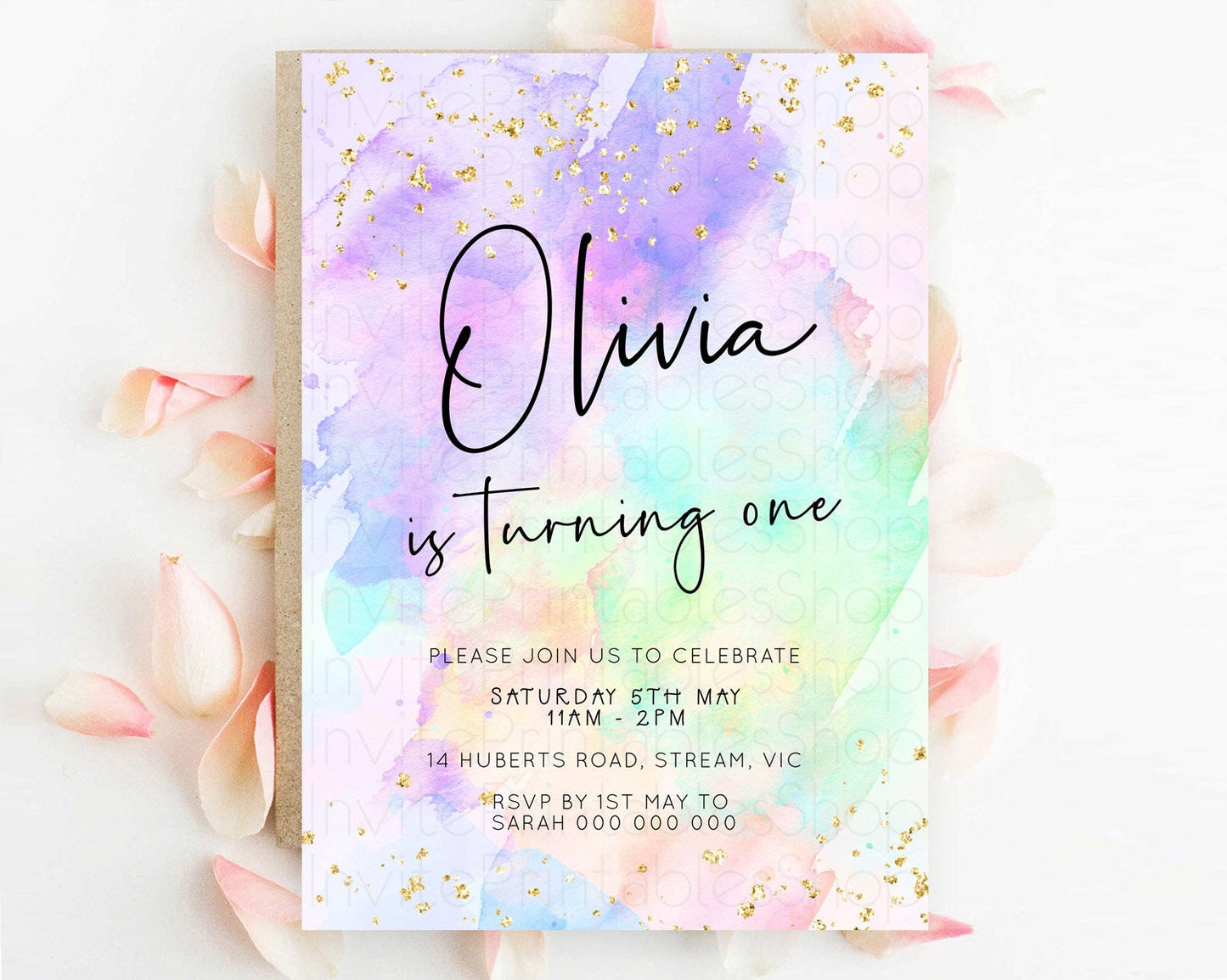 Pastel Birthday Invitation Ombre Watercolor Birthday Invitation Glitter Rainbow Color Splash 1st 2nd 3rd Birthday Invitation D23066