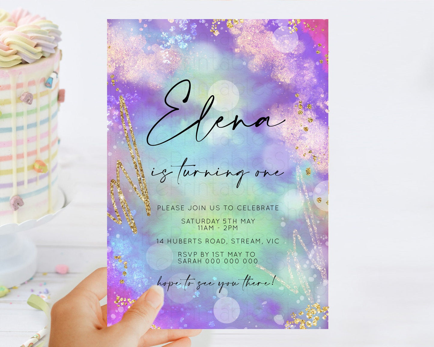 Rainbow Birthday Invitation Colorful Pastel Watercolor Invitation Gold Glitter Sprinkles Ombre Pastel 1st 2nd 3rd Birthday D10680