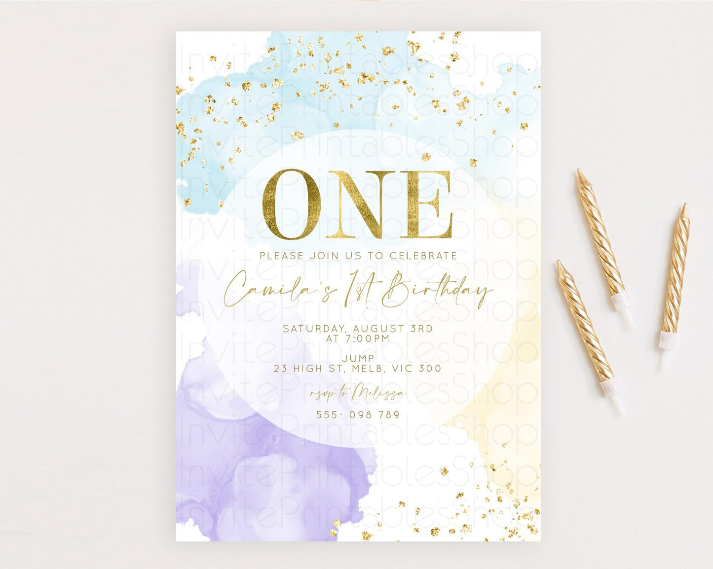 Rainbow Birthday Invitation Colorful Pastel Watercolor Invitation Gold Glitter Sprinkles Ombre Pastel 1st 2nd 3rd Birthday D10206