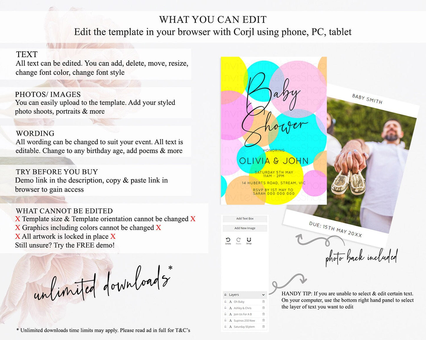 Pastel Rainbow Baby Shower Invitation, Colorful Confetti, Sprinkles, Bubbles, Pastel Blue, Pink, Orange, Yellow Theme Gender Reveal D10896