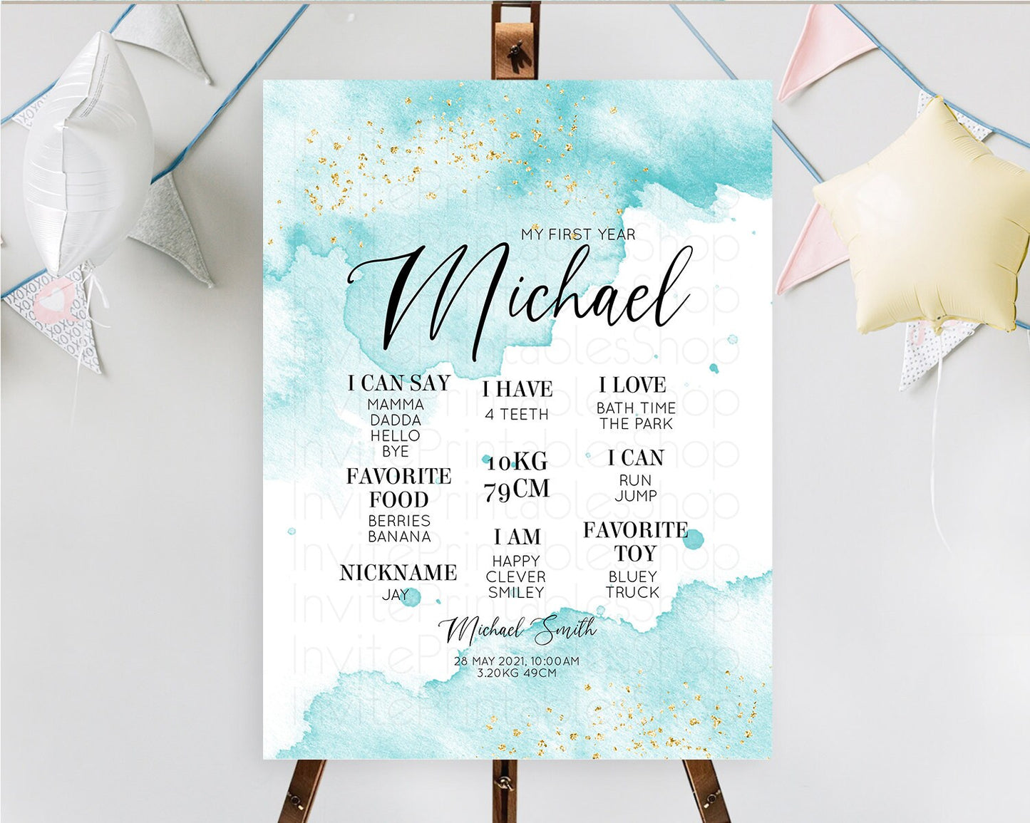 Blue First Birthday Milestone Poster Blue Watercolor Milestone Board Pastel Blue Watercolor Splash Milestone Board 1st Birthday Sign D10329